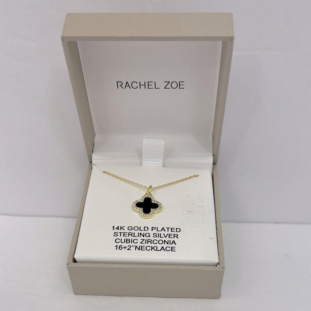 RACHEL ZOE,STERLING SILVER 18KT GOLD PLATED BLACK CLOVER NECKLACE,CUBIC ZIRCONIA